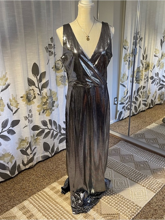 Betabrand Dresses & Skirts - Betabrand Metallic Silver Wrap Maxi Dress